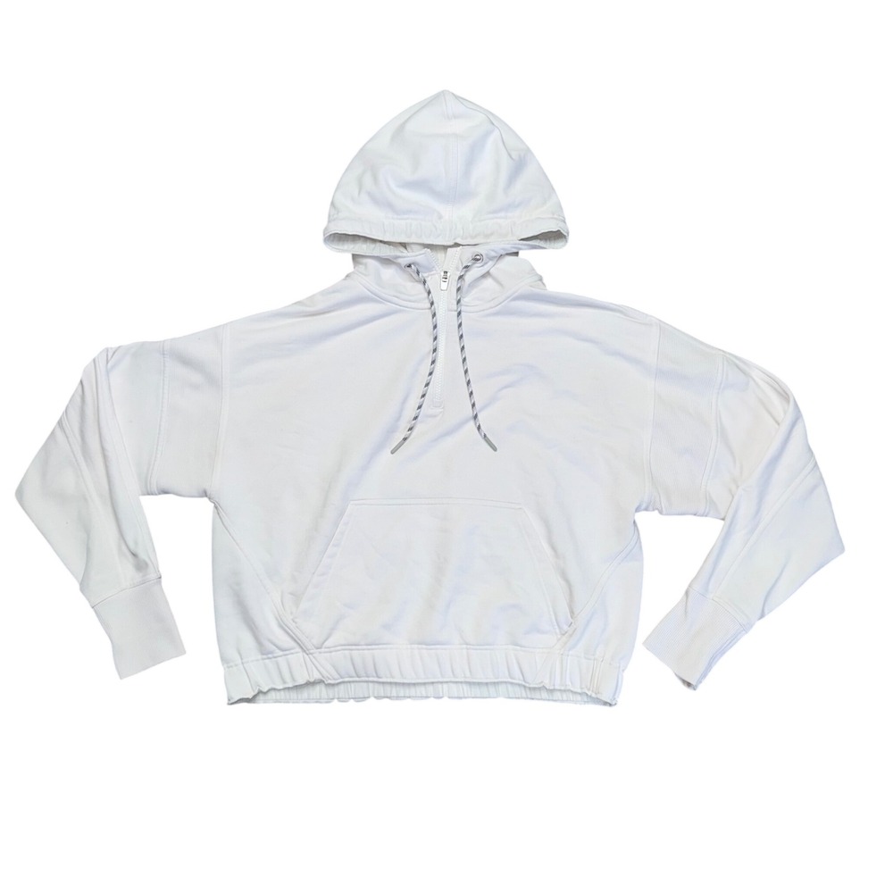 Athleta Quarter Zip Hoodie Womens Large White Good Ribbed Trim Relaxed Pullover